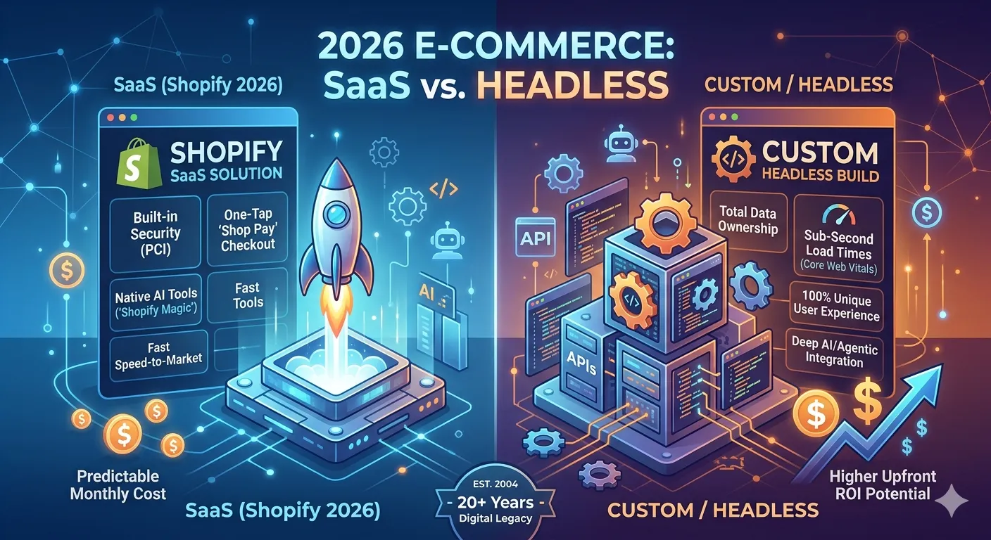 Infographic comparing Shopify SaaS vs Custom Headless E-commerce architecture in 2026