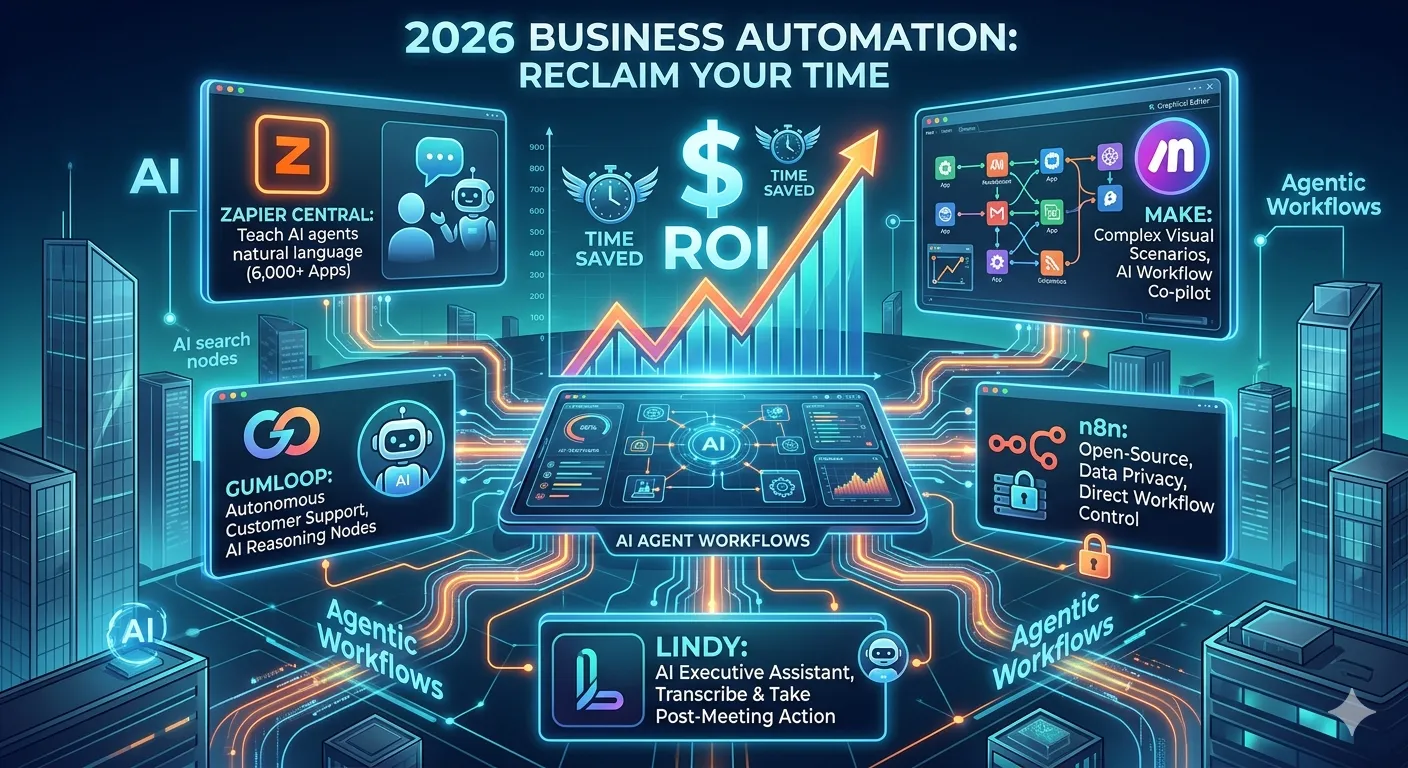 Infographic of 2026 AI business automation tools featuring Zapier, Make, Gumloop, n8n, and Lindy with a focus on Agentic workflows and ROI.