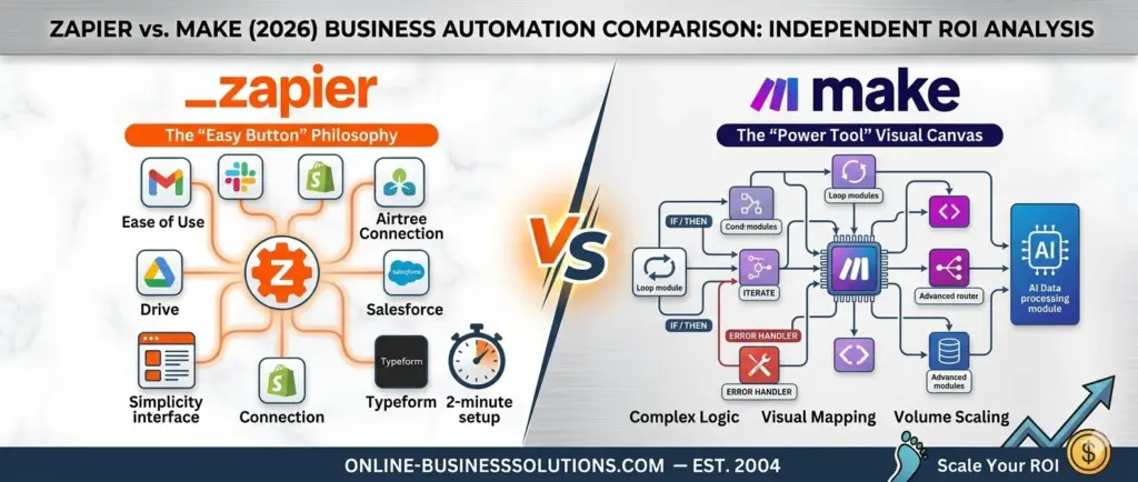 Zapier vs. Make in 2026: The Ultimate Business Automation ROI Analysis Zapier vs. Make 2026 Automation Comparison - Online Business Solutions (Est. 2004)