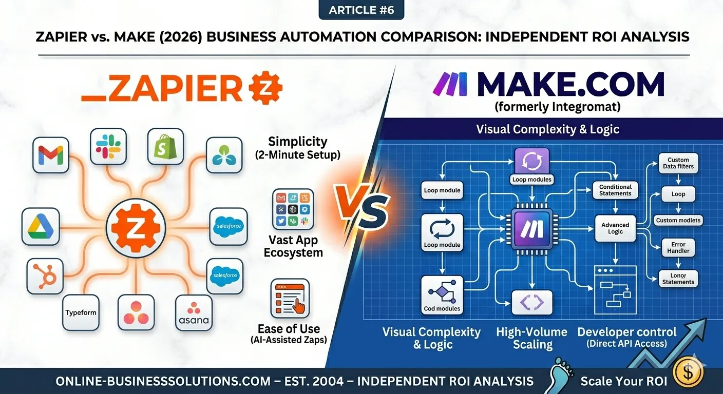 Zapier vs. Make 2026 Automation Comparison - Online Business Solutions (Est. 2004)