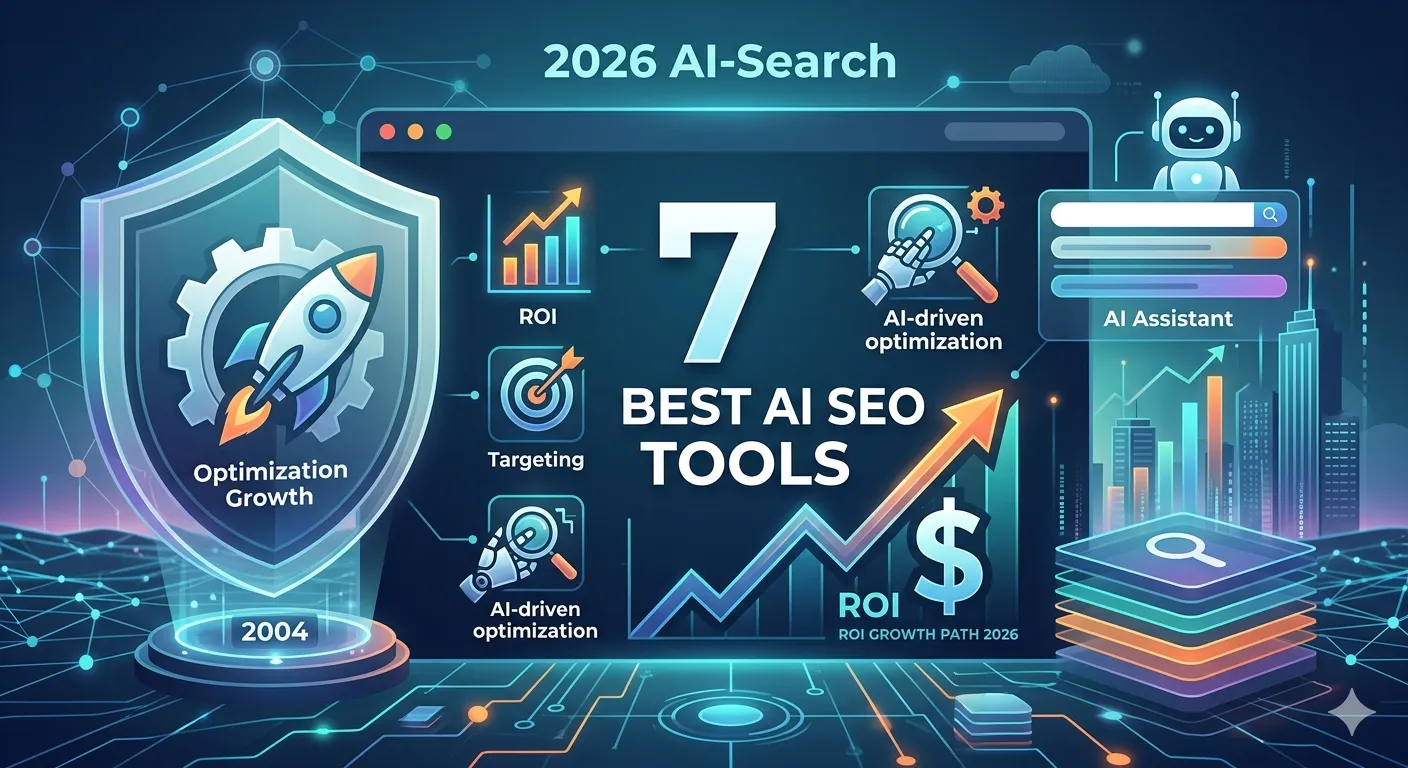 Infographic showing the 7 best AI SEO tools for small business in 2026