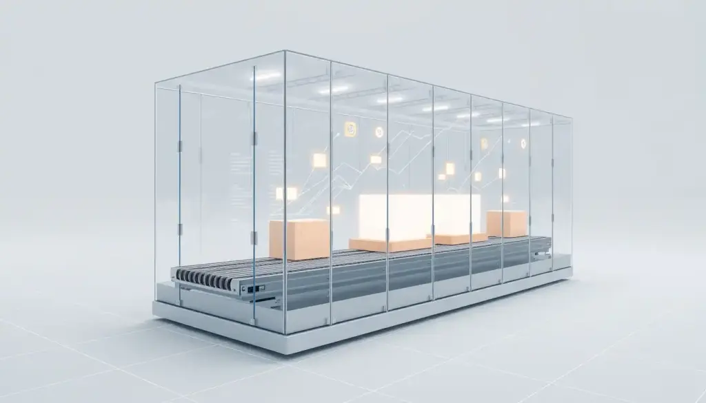 3D illustration of a glass-walled warehouse showing data streams and automated logistics
