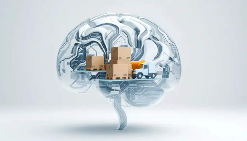 3D illustration of an AI brain processing logistics and inventory data