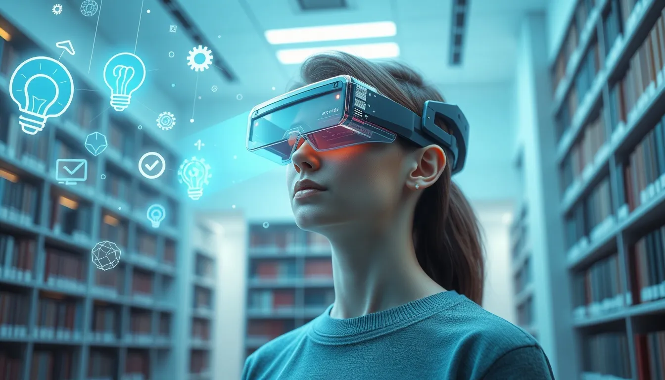 Digital Skill Acquisition 2026: Future-Proofing Your Career 3D render of a professional using AR glasses to learn digital skills in a futuristic library setting