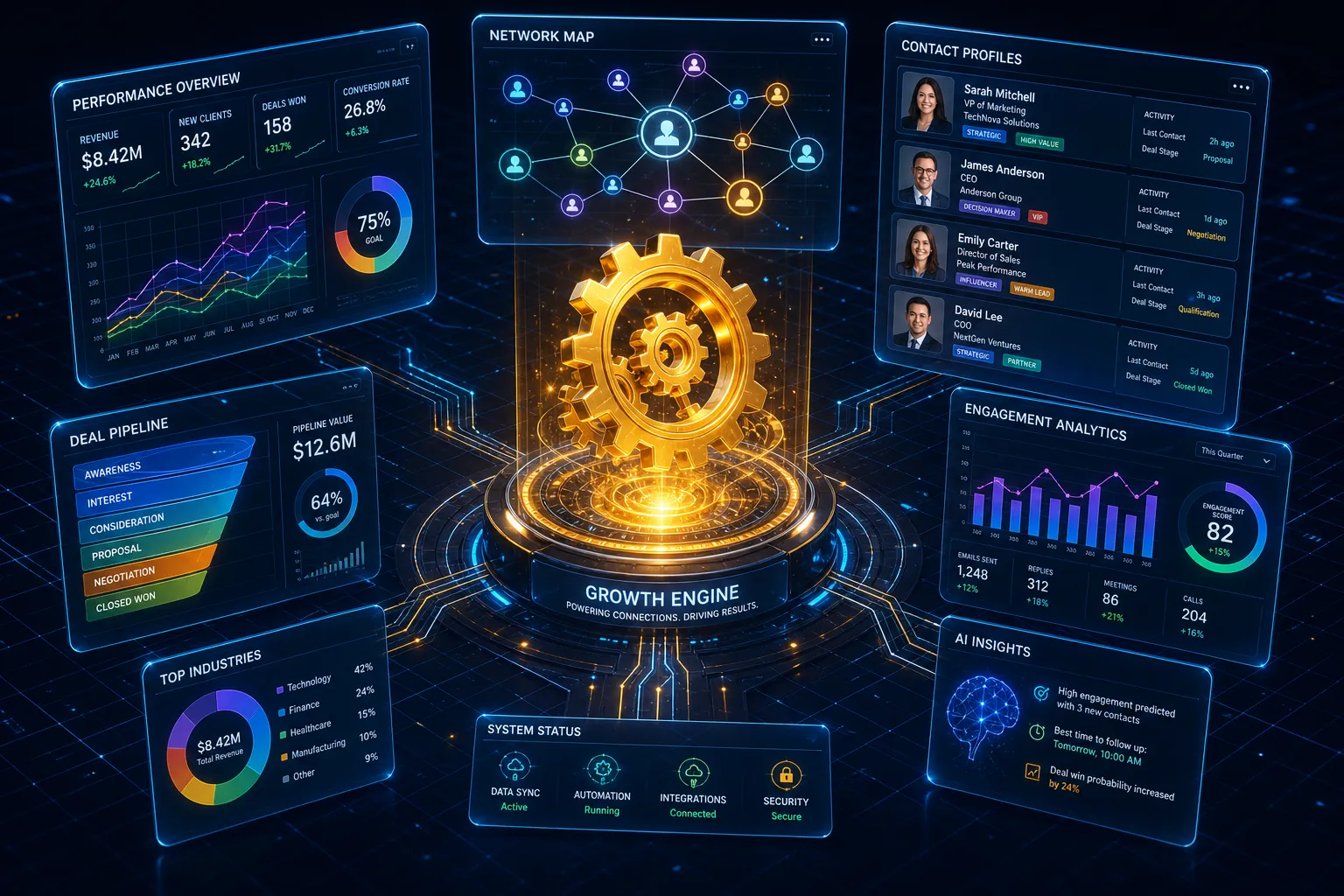 3D isometric view of a digital CRM command center showing automated growth and data nodes