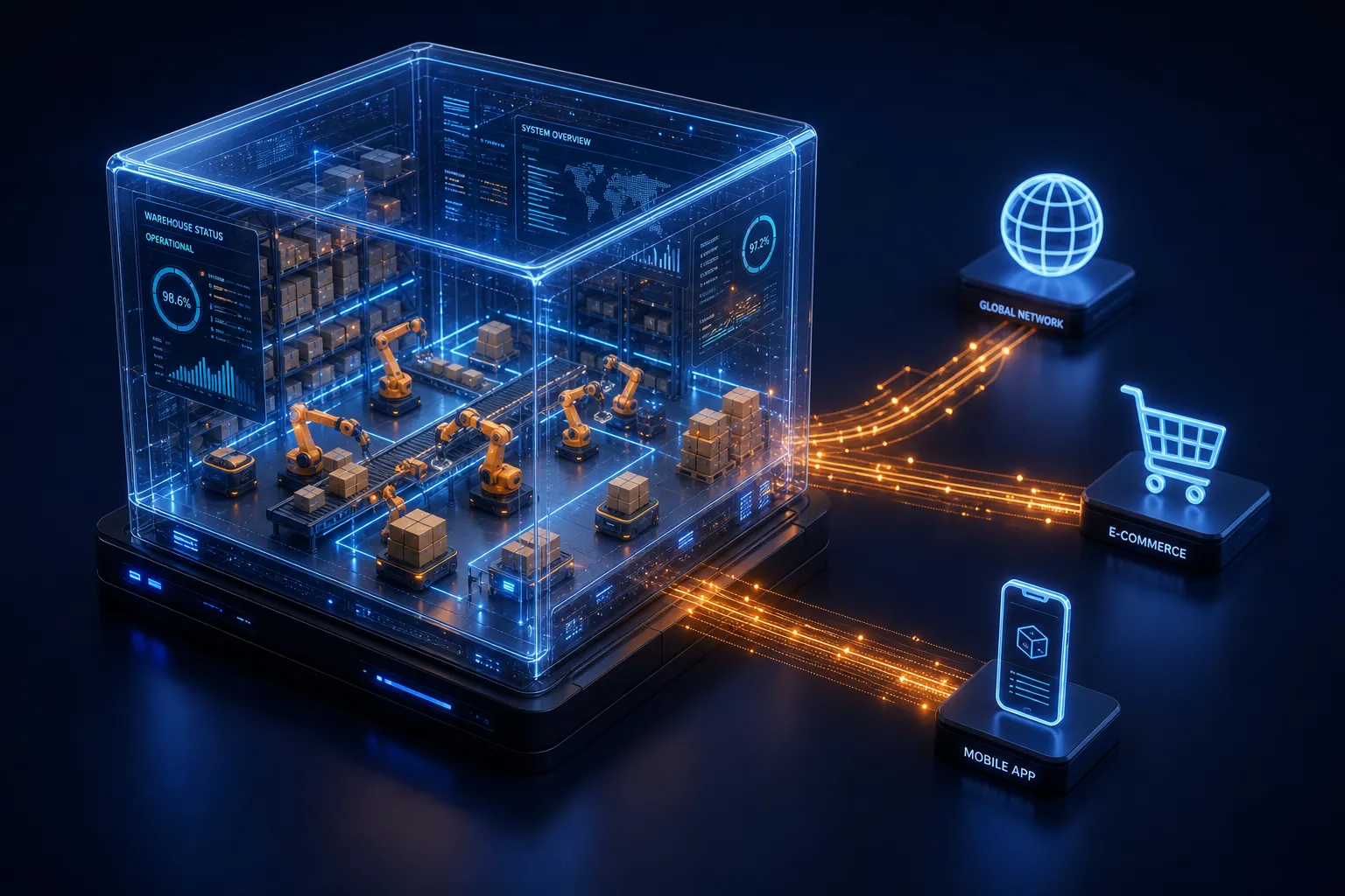 3D isometric glowing tech cube representing automated e-commerce inventory and global shipping