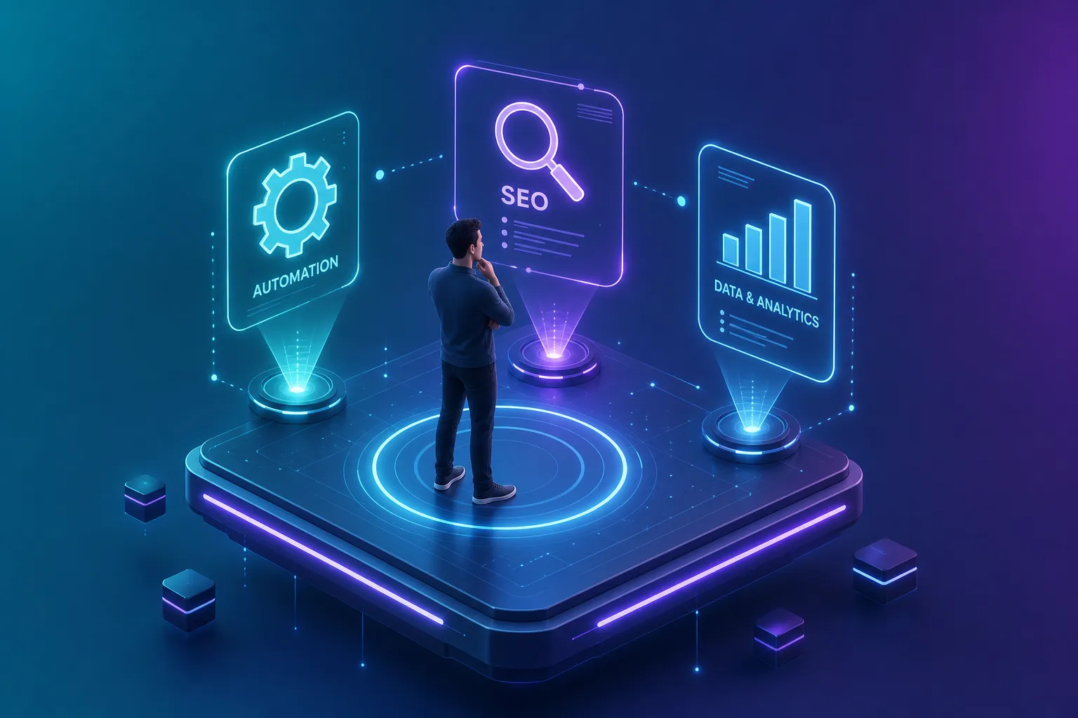 3D isometric illustration of a founder mastering digital skills like automation and SEO.