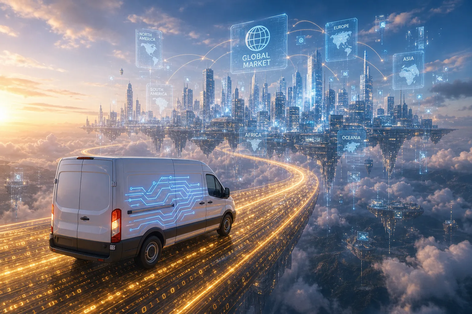 3D isometric digital delivery van representing automated logistics and high-speed e-commerce shipping