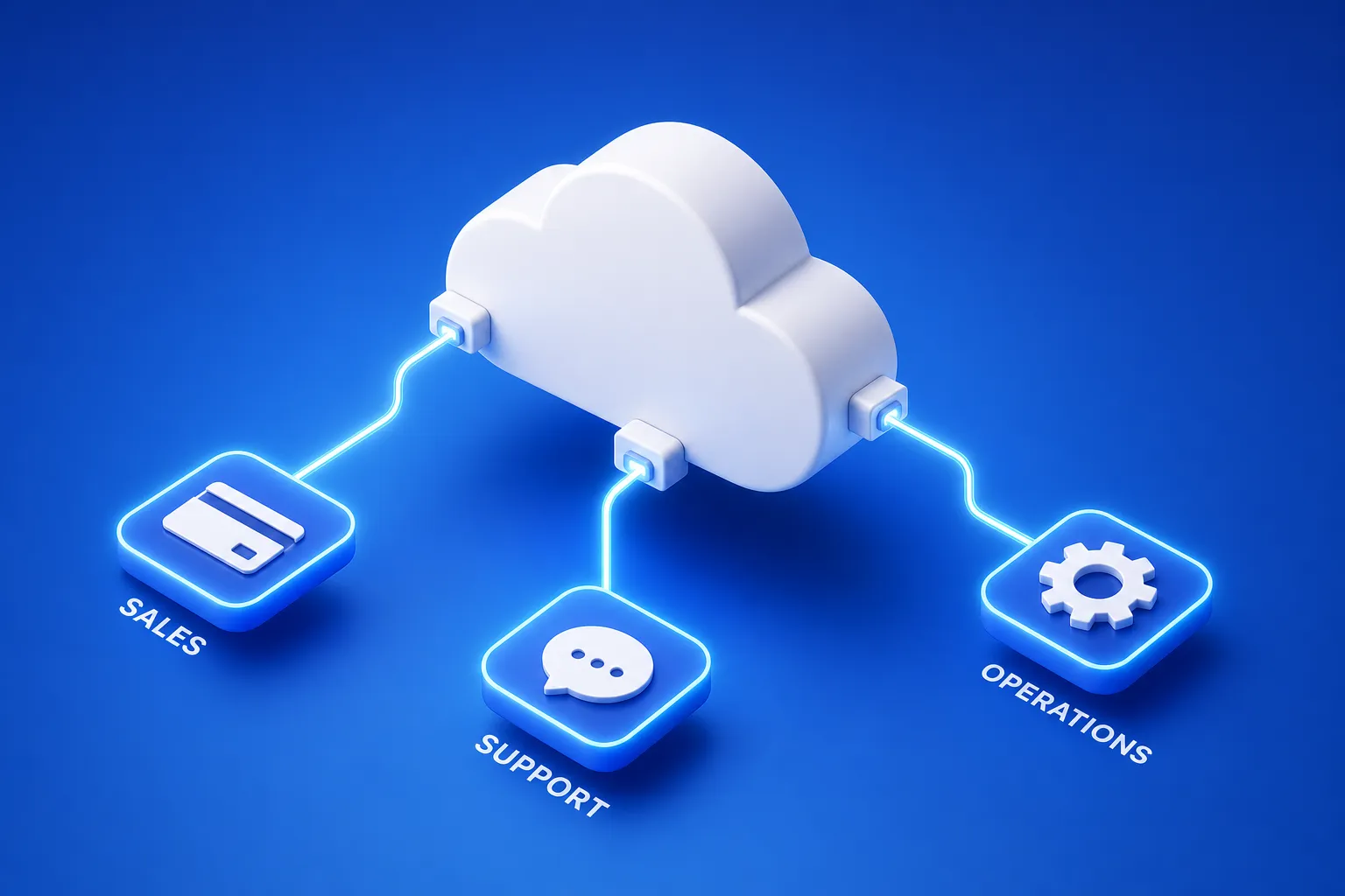 3D isometric illustration of cloud automation connecting different business functions like sales and support