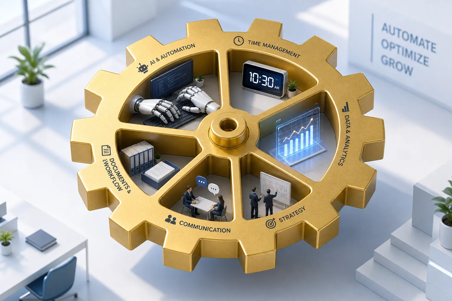 3D isometric gear representing the core of workflow automation in a modern business office.