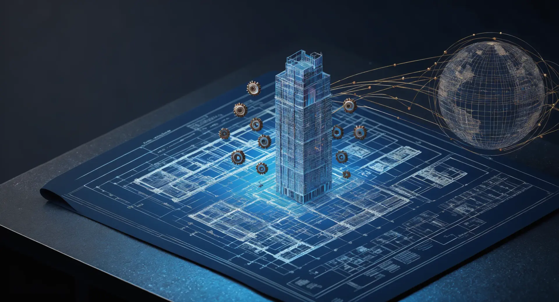 3D isometric blueprint showing a digital skyscraper and global connections representing scalable business systems