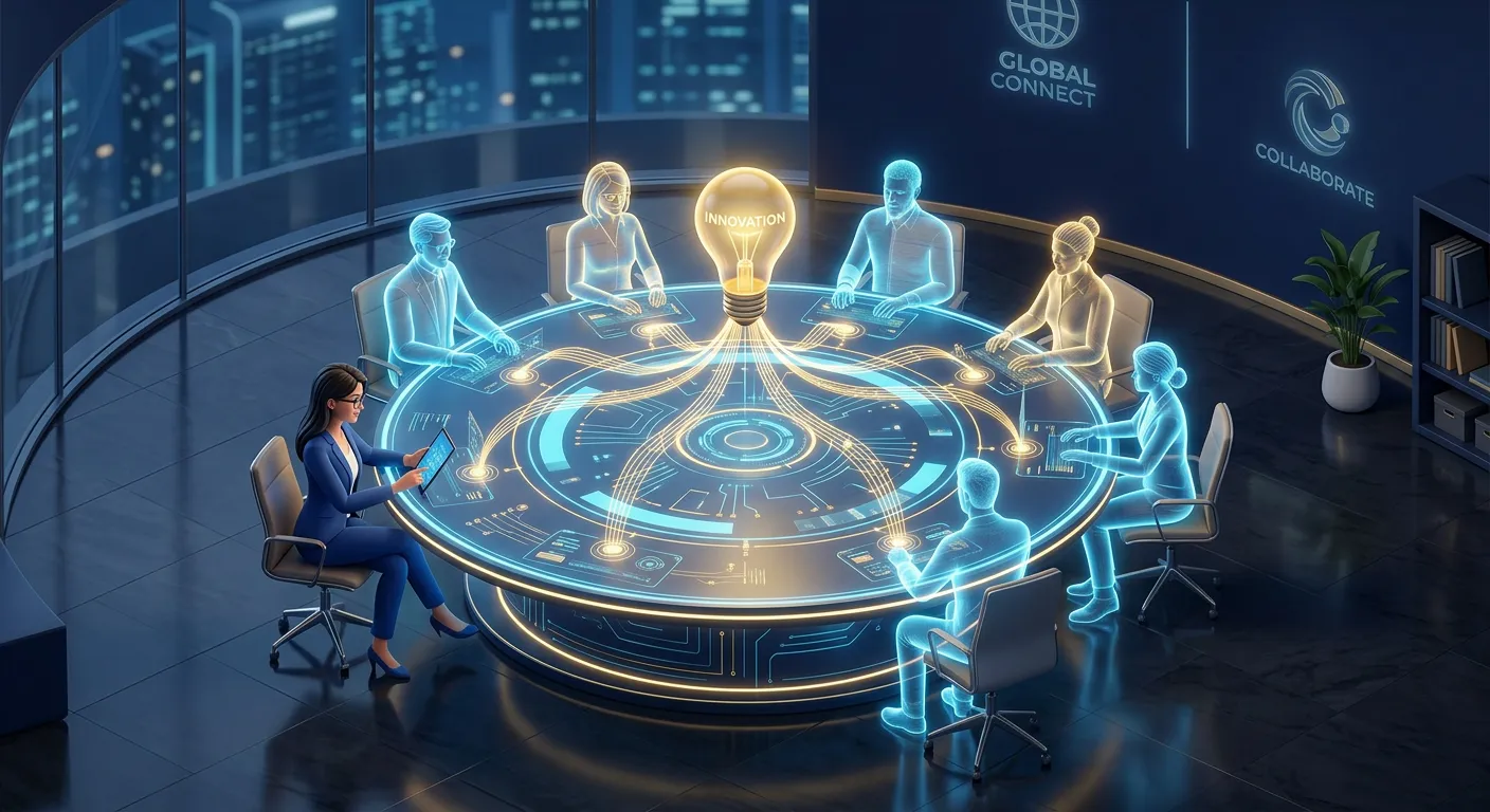 3D isometric illustration of a founder collaborating with a global holographic team for business growth.