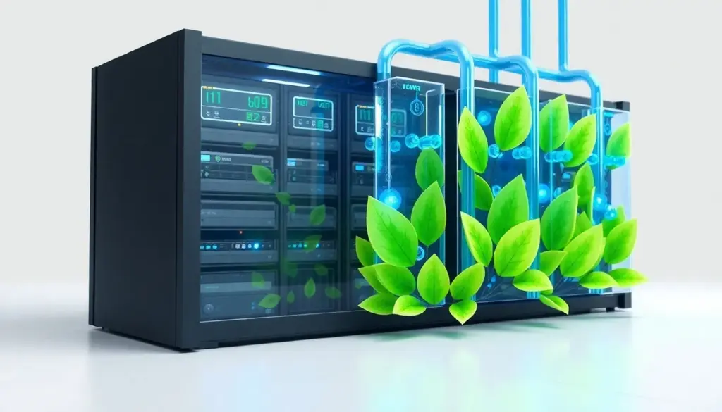 3D illustration of a sustainable server rack with organic elements and liquid cooling systems