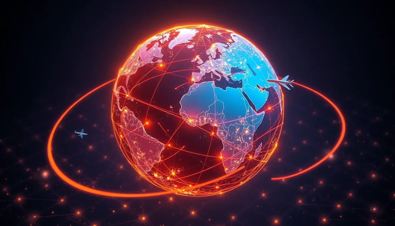 3D isometric view of a global supply chain map with glowing connections on a dark digital background