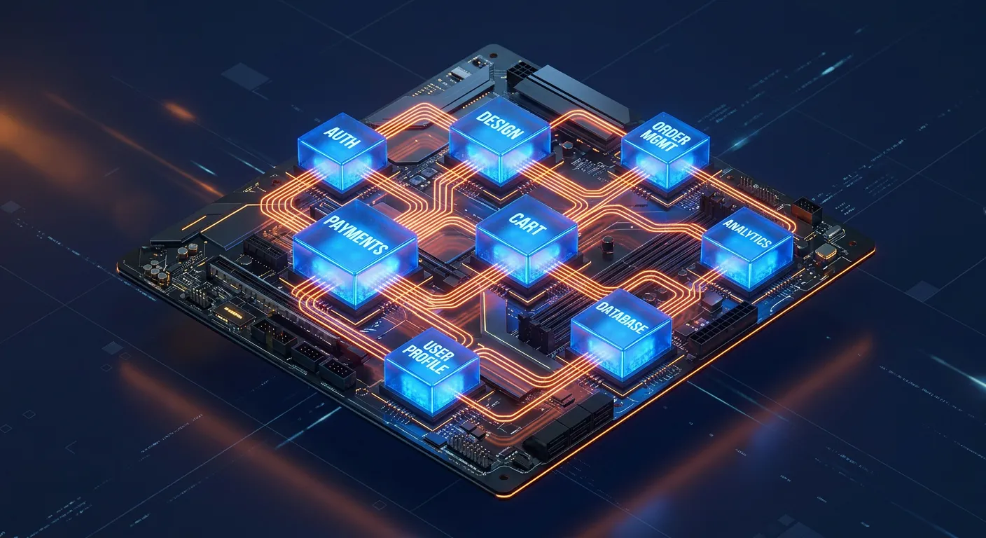 3D isometric illustration of a decoupled headless commerce system showing connected modular services