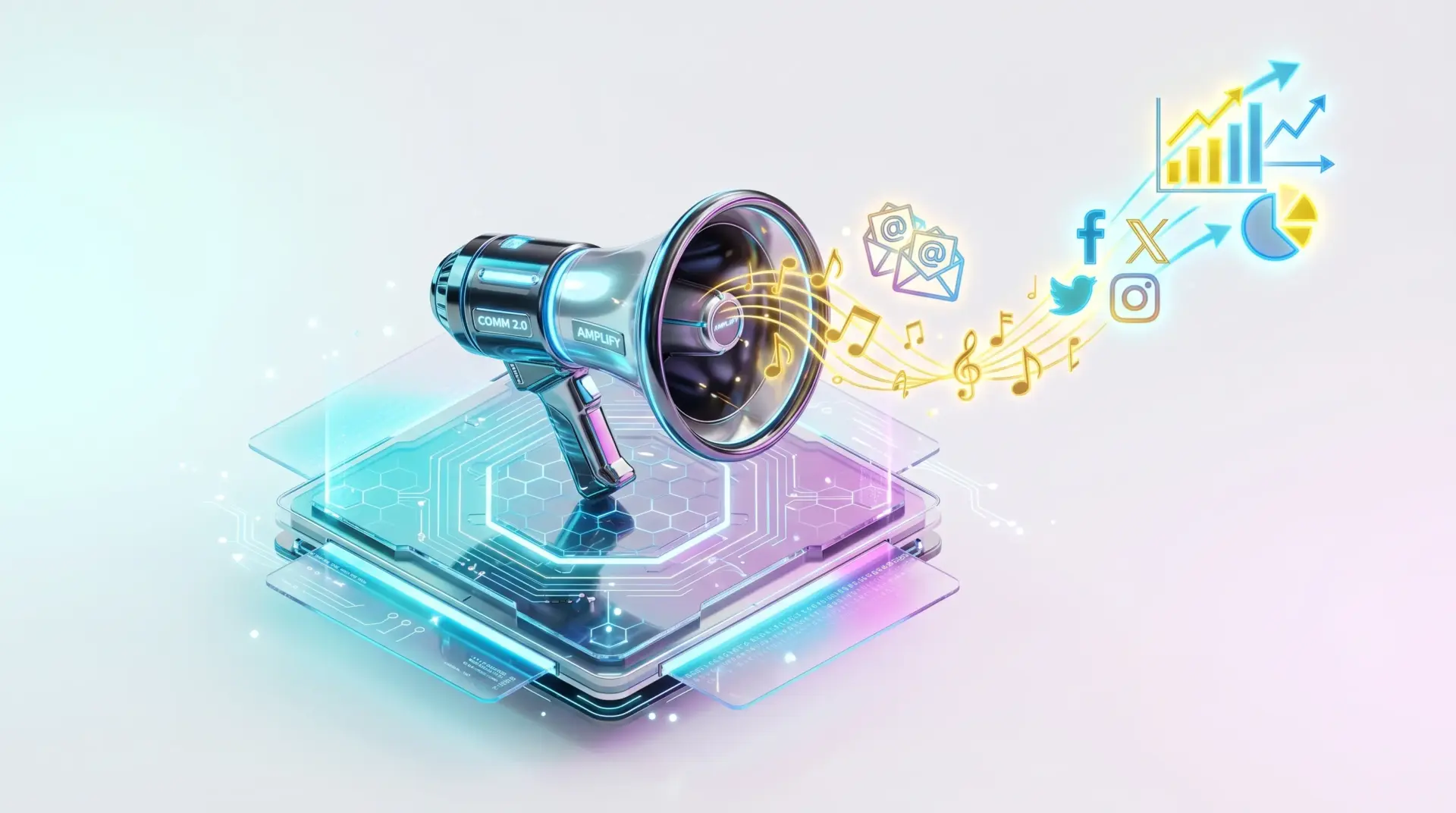 Marketing Automation for Small Business 2026: Achieving Effortless Reach 3D isometric megaphone transforming sound into automated marketing data and multi-channel content icons.