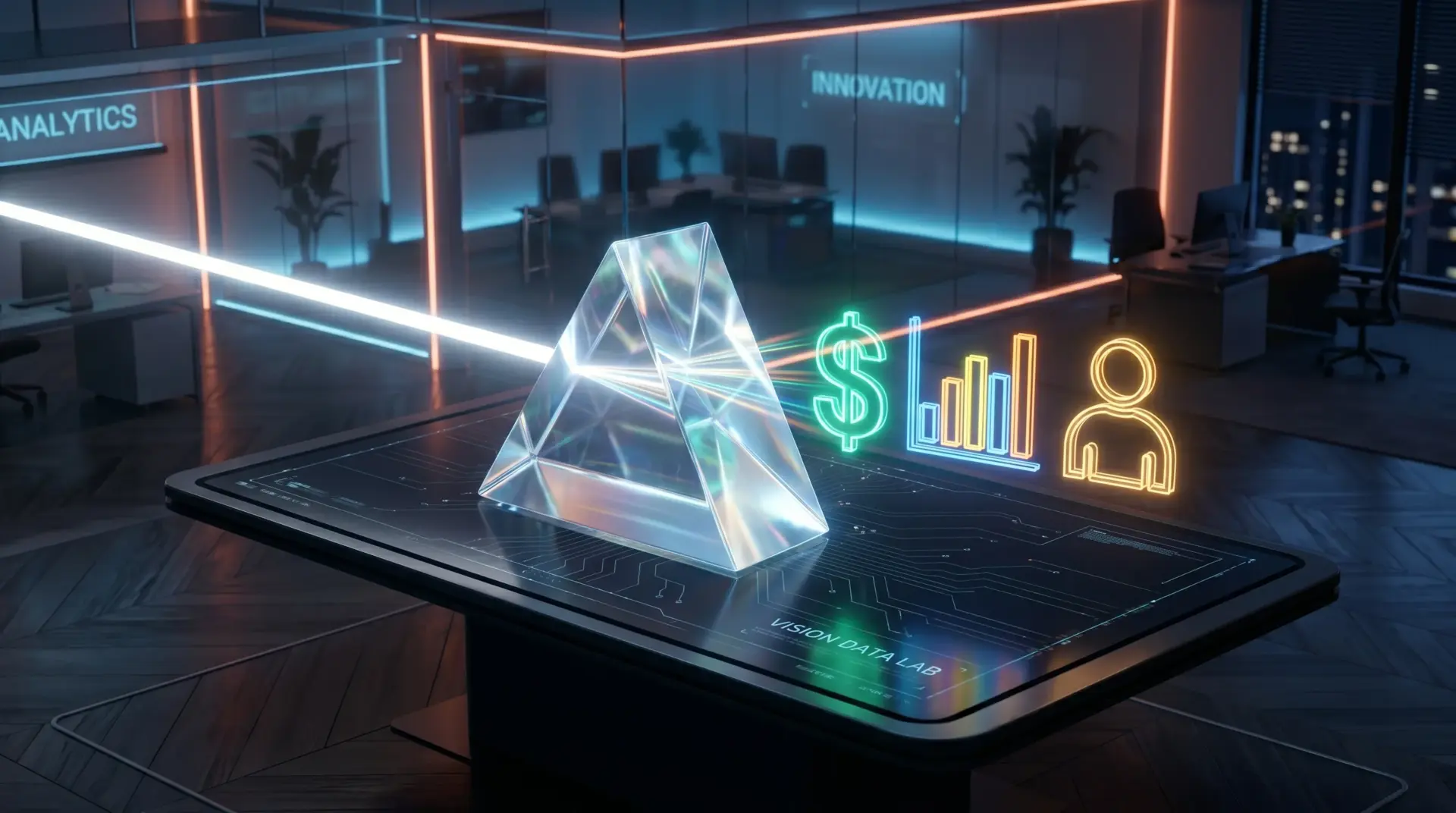 AI Data Analytics for Business 2026: Turning Information into Profit 3D isometric prism representing AI data analytics turning raw information into business growth insights.