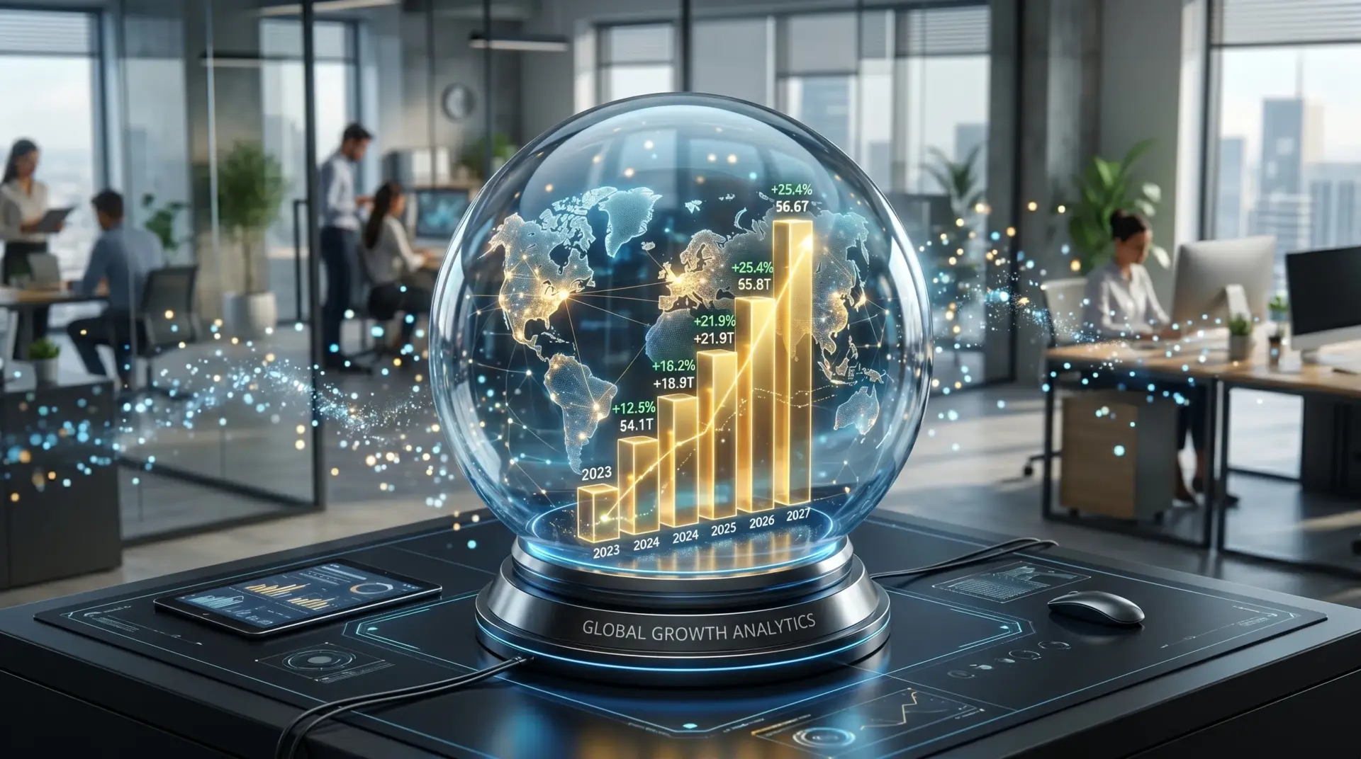Predictive AI for Business Growth 2026: Anticipating Market Shifts 3D isometric crystal ball showing a growing digital chart representing predictive AI and future business growth.