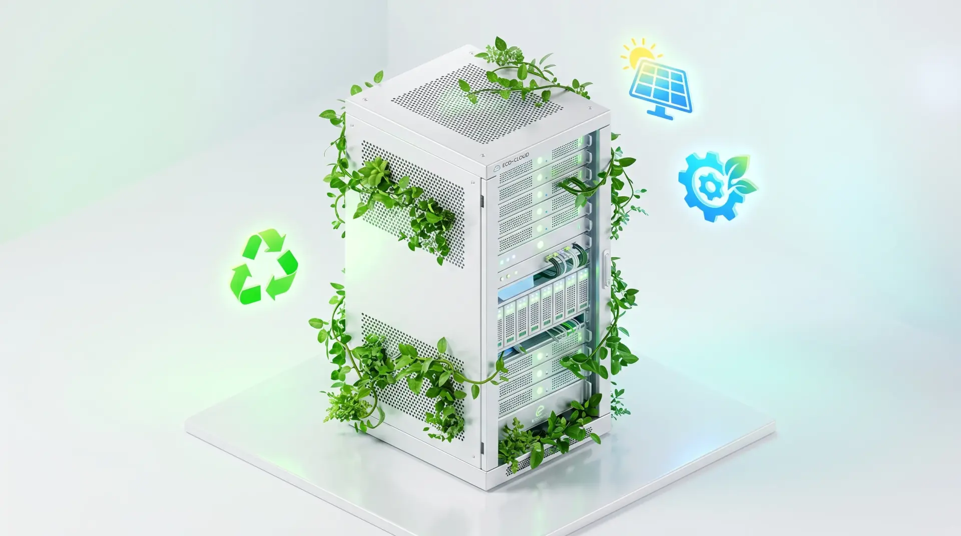 Sustainable Business Automation 2026: Green Efficiency for Long-Term Success 3D isometric white server rack with green leaves symbolizing sustainable business automation and green technology.
