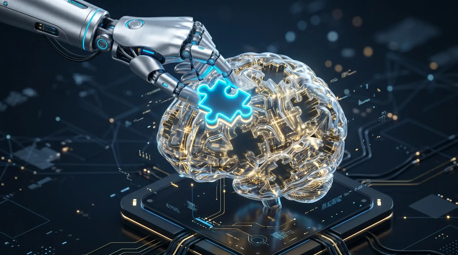 Adaptive Automation for Business 2026: The Future of Intelligent Growth 3D isometric illustration of a robot hand adjusting a digital brain representing adaptive automation and intelligent growth.