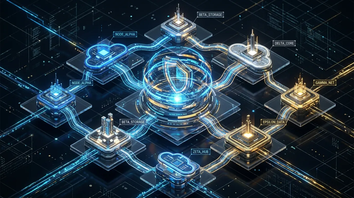 3D isometric illustration of a secure, sovereign Cloud 3.0 hybrid infrastructure system.