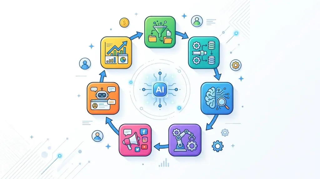 AI Tools for Small Business: The Complete 2026 Guide to Working Smarter 11zon app icons connected circular flow 202605241354