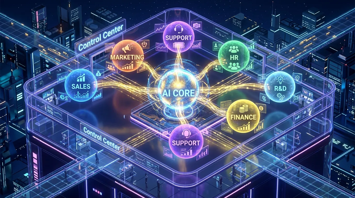 Intelligent Workflow Automation 2026: From Task Bots to Decision Engines 3D isometric illustration of a unified business automation system orchestrating multiple departments.