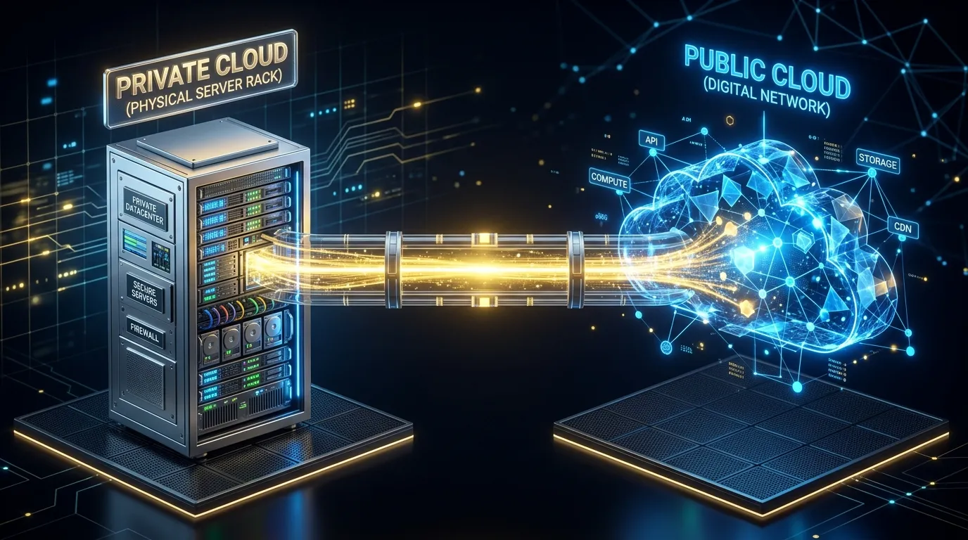 3D isometric illustration of a balanced hybrid cloud hosting setup linking private servers to public clouds.