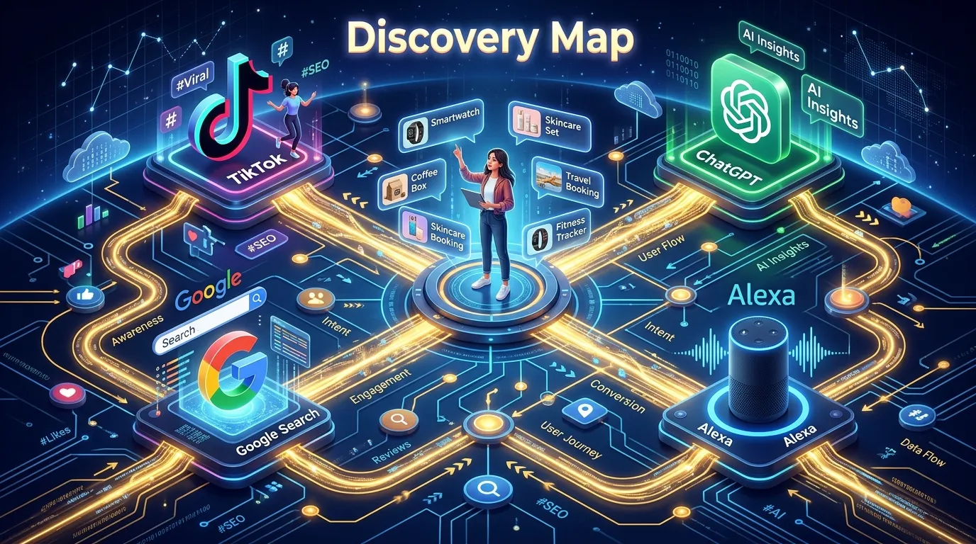 Digital Marketing Trends 2026: The Shift from Search to Discovery 3D isometric illustration of a multi-channel discovery marketing ecosystem in 2026.