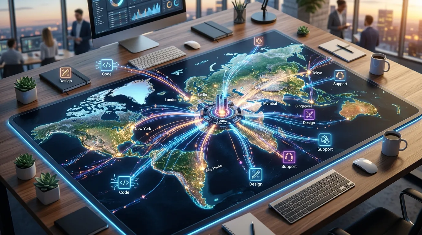 3D isometric illustration of a global digital map connecting specialized talent to a central business hub.