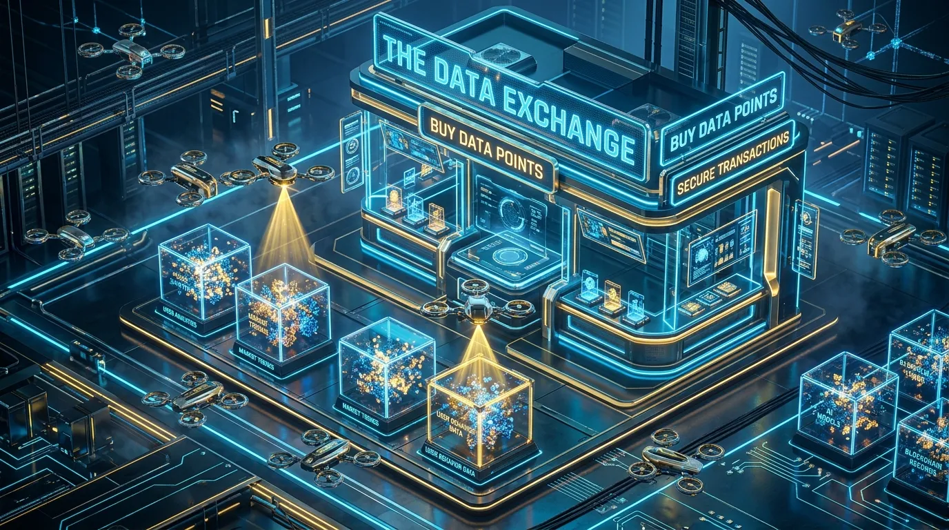 3D isometric illustration of AI shopping agents (drones) browsing a data-driven digital storefront in 2026.