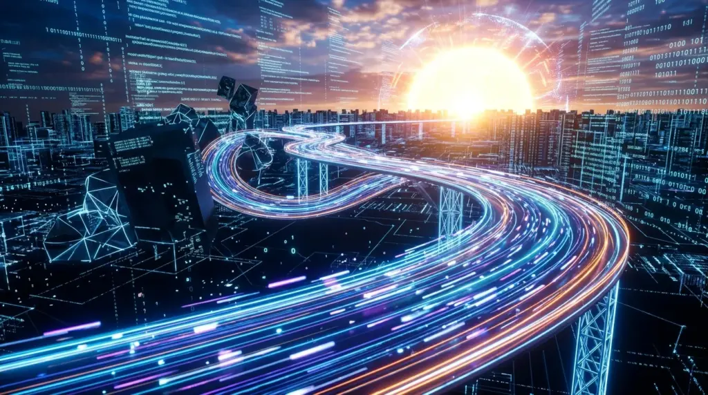 3D render of a shifting path of light symbolizing the flexibility of adaptive business systems in 2026.