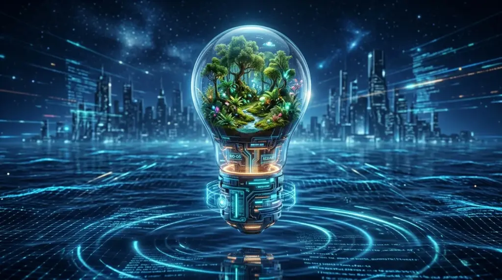 Sustainable Business Automation 2026: Green Efficiency for Long-Term Success 11zon futuristic lightbulb with forest 202605070517