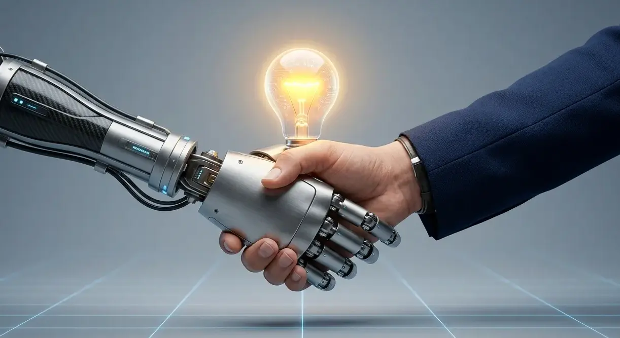 3D illustration of a human and robot hand shaking to symbolize AI and human collaboration.
