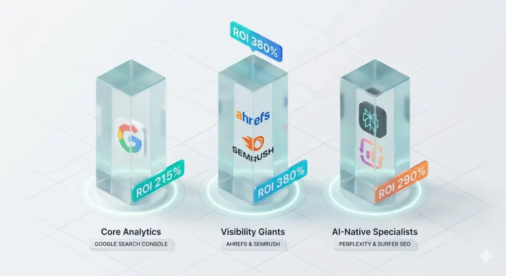 Best SEO tools 2026 comparison infographic showing SEMrush and Ahrefs visibility metrics
