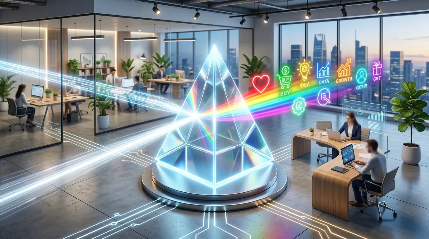 3D isometric illustration of data being refined into emotional and behavioral customer intelligence through a digital prism.