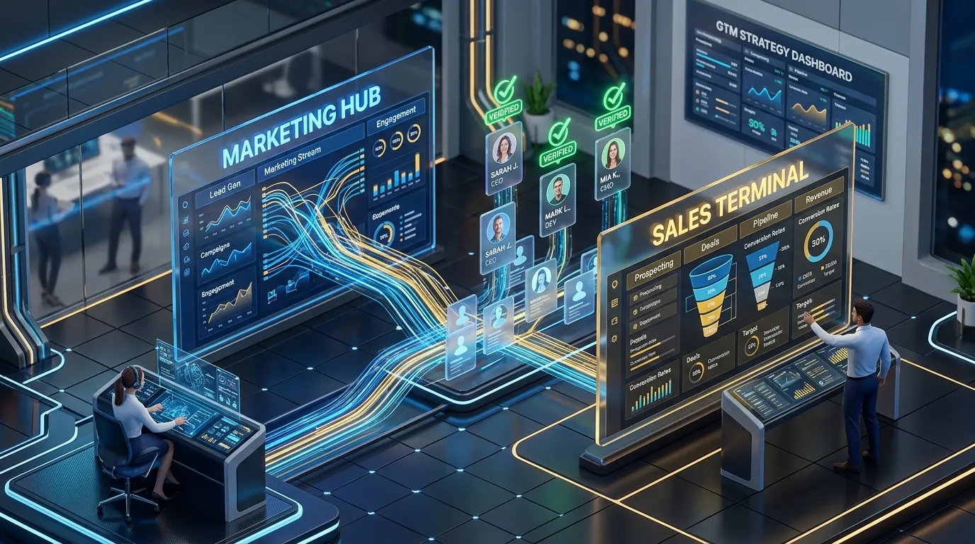 3D isometric illustration of a unified B2B marketing automation platform aligning sales and marketing data.