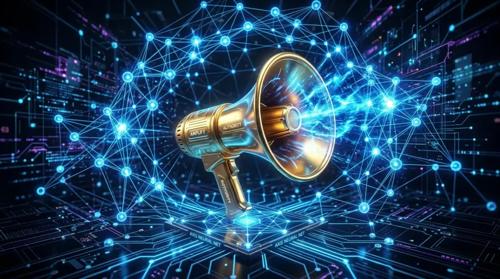 11zon golden megaphone glowing blue nodes 202605131607