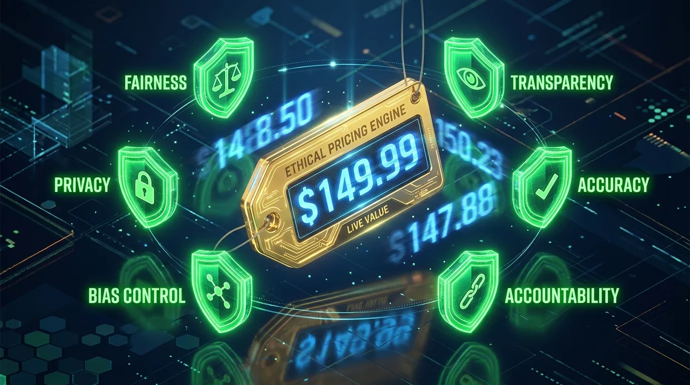 3D isometric illustration of an AI-driven dynamic price tag protected by ethical security shields.