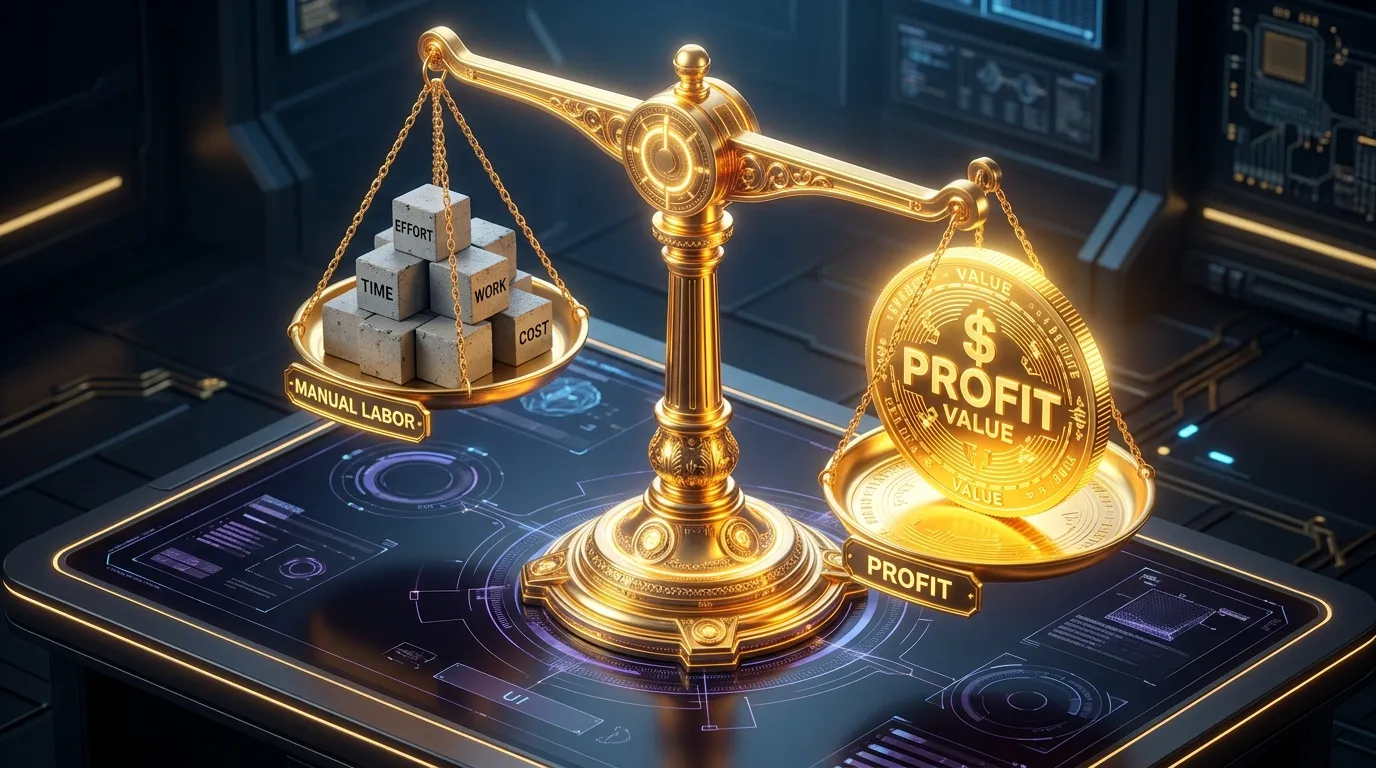 3D isometric illustration of a digital scale showing the financial value of automation over manual labor.