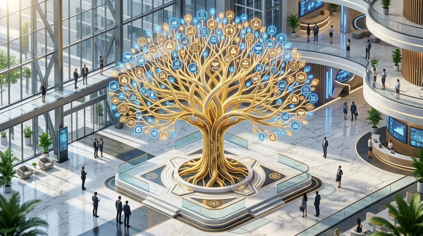 3D isometric golden tree with fiber-optic branches symbolizing intelligent scaling strategies and organic digital growth.