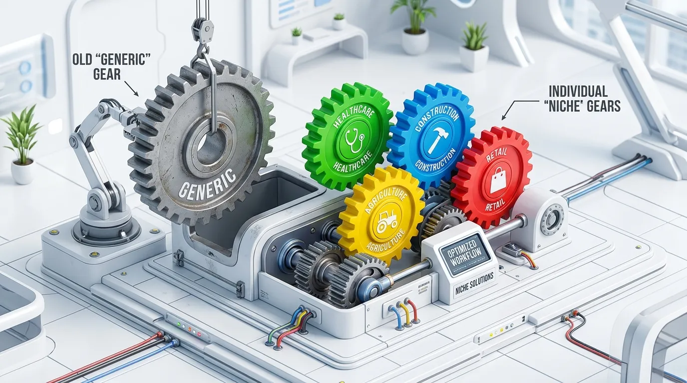 Vertical SaaS Trends 2026: Why Niche Software Wins the Market 3D isometric illustration of Vertical SaaS gears replacing generic software solutions.