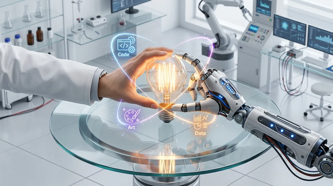 3D isometric illustration of a human and robot collaborating on a bright idea, representing collaborative business automation.