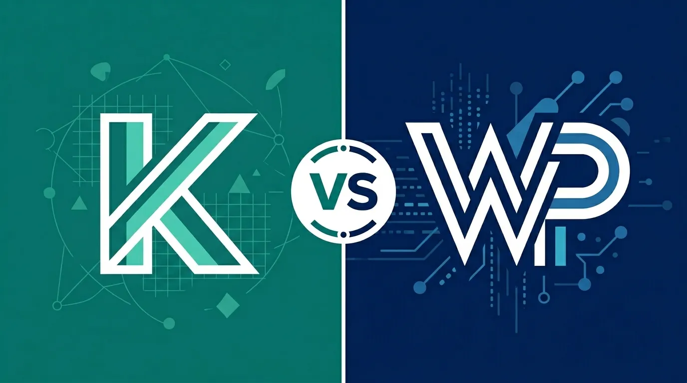 Editorial illustration showing a head-to-head comparison between Kinsta and WP Engine managed WordPress hosting platforms, represented by their brand colors on opposite sides of a VS badge
