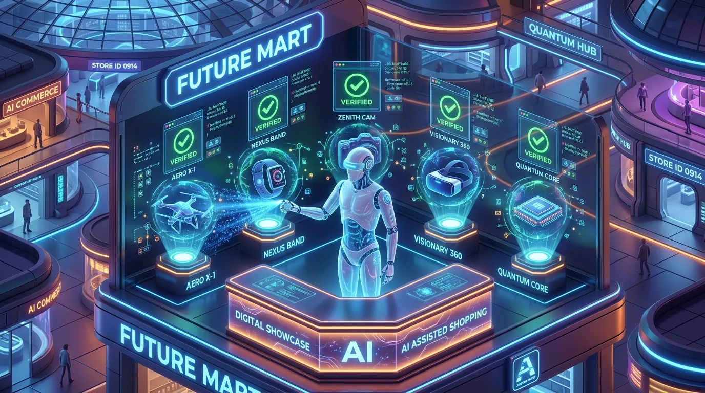 Agentic Commerce 2026: Preparing Your Store for AI Buyers 3D isometric illustration of an AI shopping agent scanning a machine-readable product shelf.