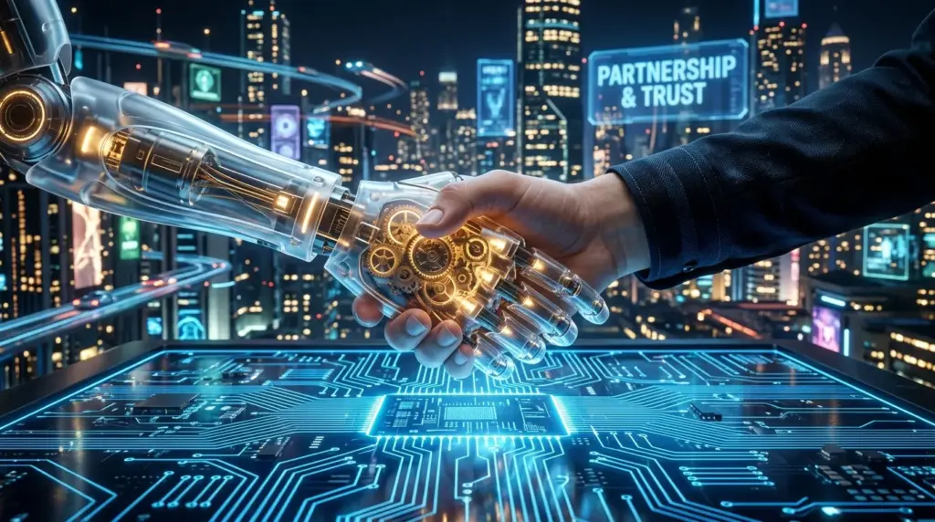 Agentic AI for Business 2026: The Shift from Tools to Autonomous Partners 11zon robotic and human hands shaking 202605081352