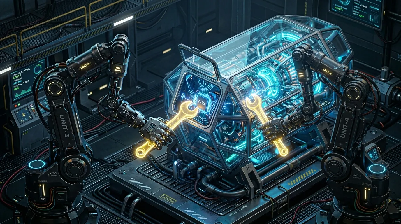 3D isometric illustration of a digital engine being repaired, symbolizing the process of business automation troubleshooting.