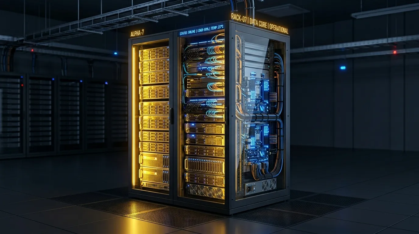3D isometric illustration of a high-performance bare metal server rack glowing with power.