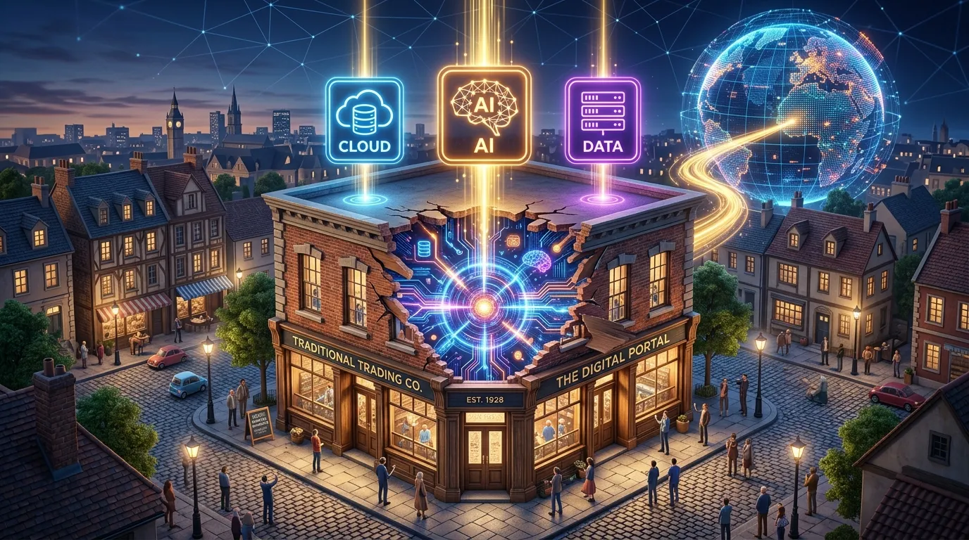 Digital Transformation for Small Business 2026: Navigating the New Era 3D isometric illustration of a small business building transforming into a high-tech digital enterprise.