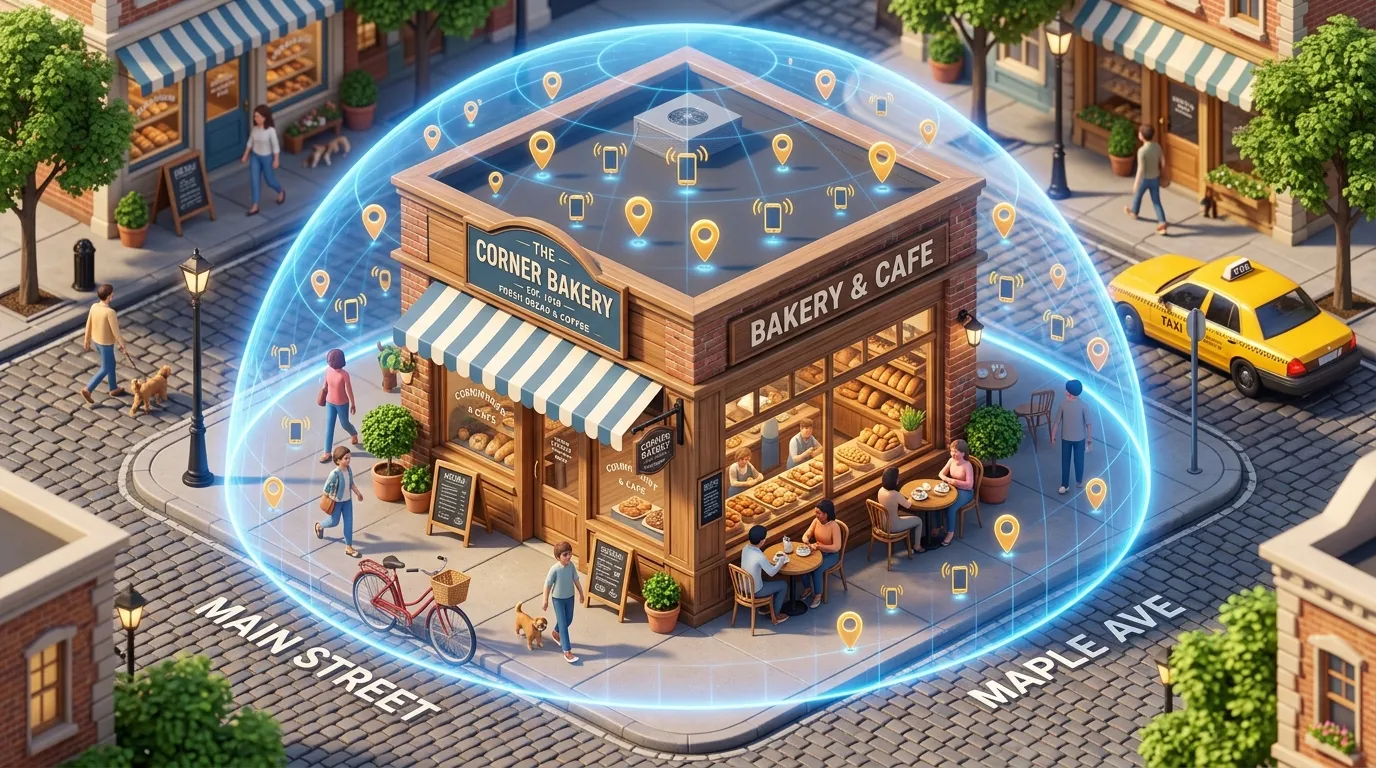 3D isometric illustration of a local shop with a digital geo-fence dome symbolizing hyperlocal marketing automation
